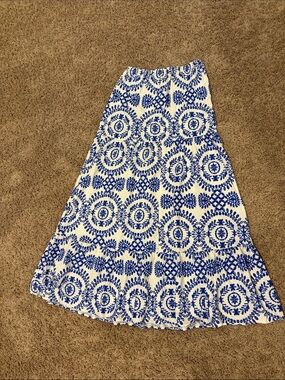 Blue & White Printed Maxi Skirt with Elastic Waist